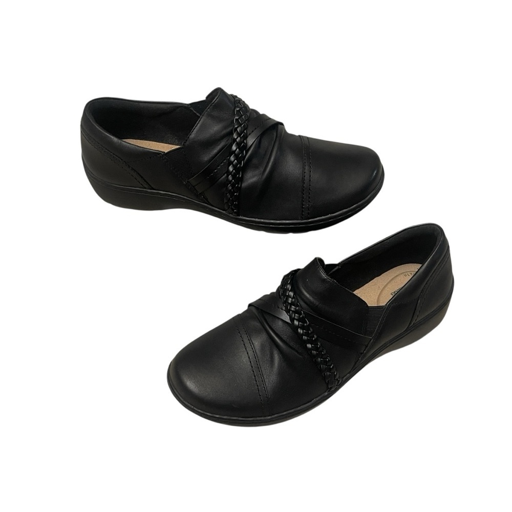 Clarks Cora Braid Slip On Comfort Loafer Shoe Black Leather Womens size 9